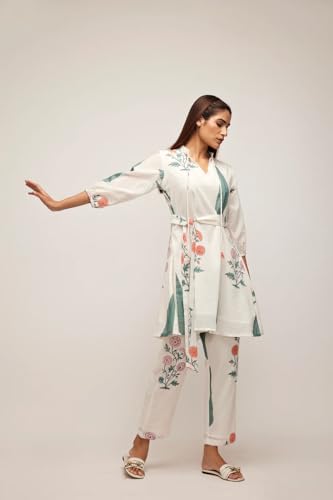 Leriya Fashion Women's Anarkali Floral Printed Rayon Kurta Pant Set | V-Neck Straight Kurti with 3/4 Sleeves | Co ord Set For Women Stylish | Kurtis