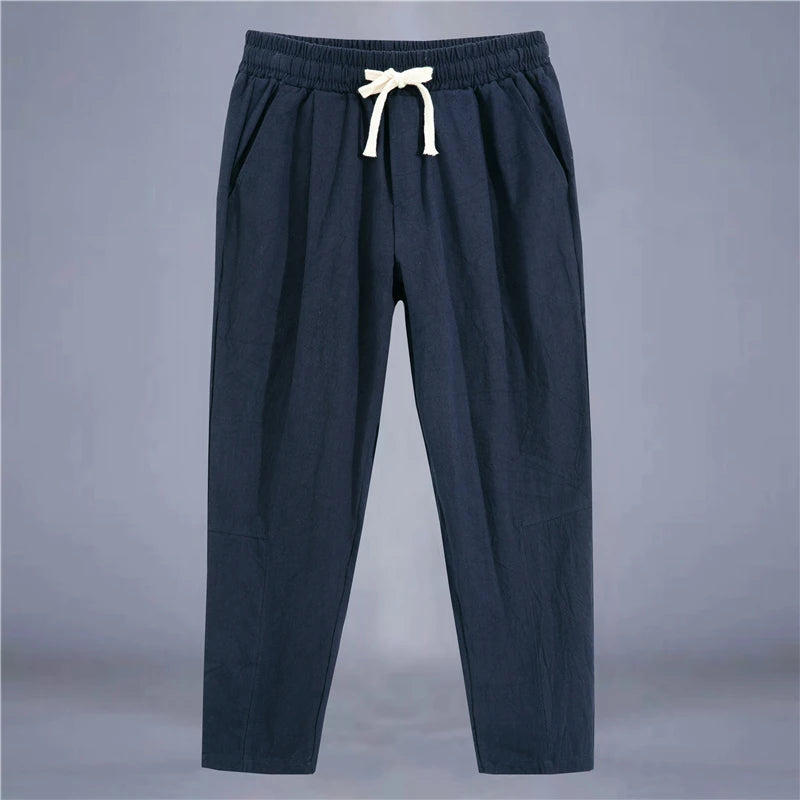 Men'S Trousers Cotton Linen Fashion Casual Pants Solid Color Breathable Loose Shorts Straight Drawstring Pants Streetwear Men
