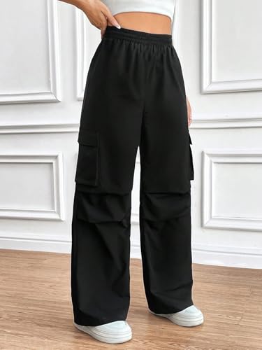 GRECIILOOKS High Waist Cotton Trousers for Women – Flared Parachute Pants with Side Pockets | Casual Travel Cargo Pants