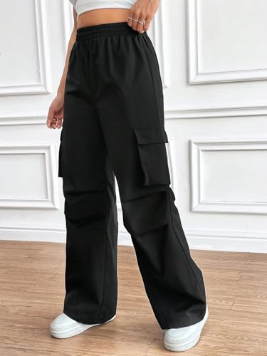 GRECIILOOKS High Waist Cotton Trousers for Women – Flared Parachute Pants with Side Pockets | Casual Travel Cargo Pants