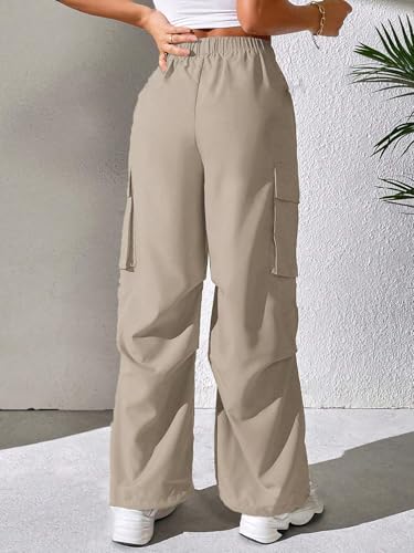GRECIILOOKS High Waist Cotton Trousers for Women – Flared Parachute Pants with Side Pockets | Casual Travel Cargo Pants