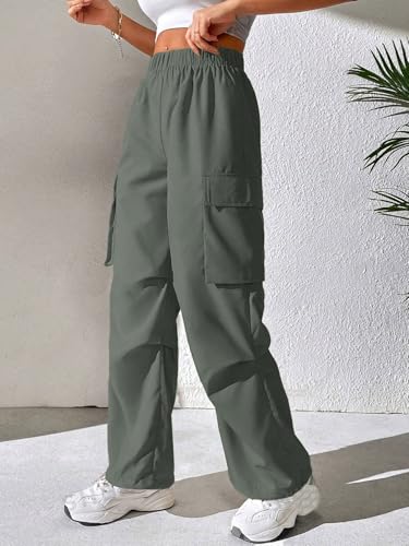 GRECIILOOKS High Waist Cotton Trousers for Women – Flared Parachute Pants with Side Pockets | Casual Travel Cargo Pants