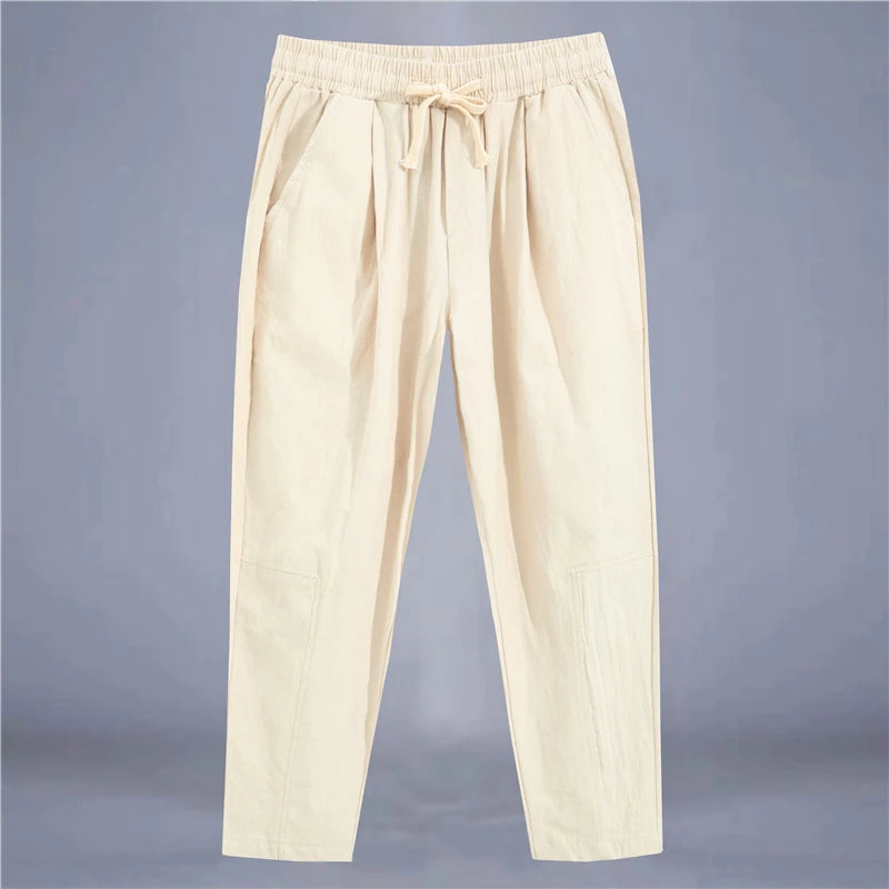 Men'S Trousers Cotton Linen Fashion Casual Pants Solid Color Breathable Loose Shorts Straight Drawstring Pants Streetwear Men