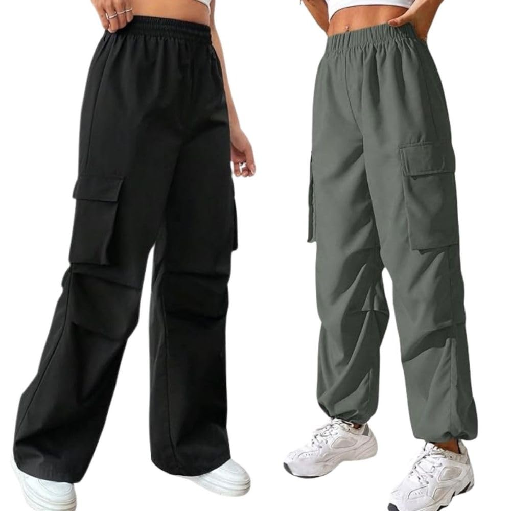 GRECIILOOKS High Waist Cotton Trousers for Women – Flared Parachute Pants with Side Pockets | Casual Travel Cargo Pants