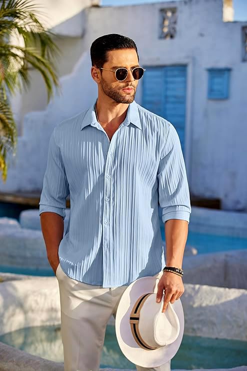 CB-COLEBROOK Men's Casual Button Down Shirts Long Sleeve Linen Shirt Fashion Textured Beach Summer Shirts |