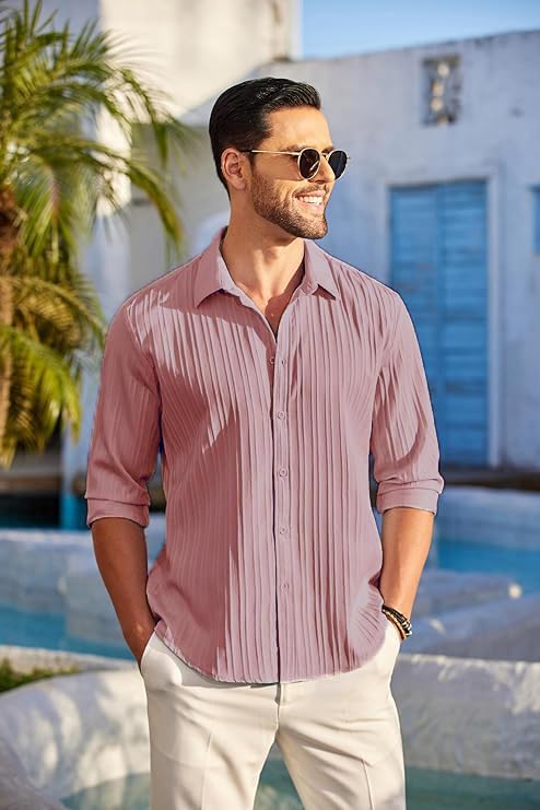 CB-COLEBROOK Men's Casual Button Down Shirts Long Sleeve Linen Shirt Fashion Textured Beach Summer Shirts |