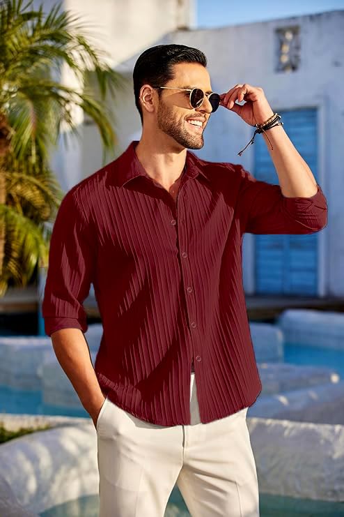 CB-COLEBROOK Men's Casual Button Down Shirts Long Sleeve Linen Shirt Fashion Textured Beach Summer Shirts |