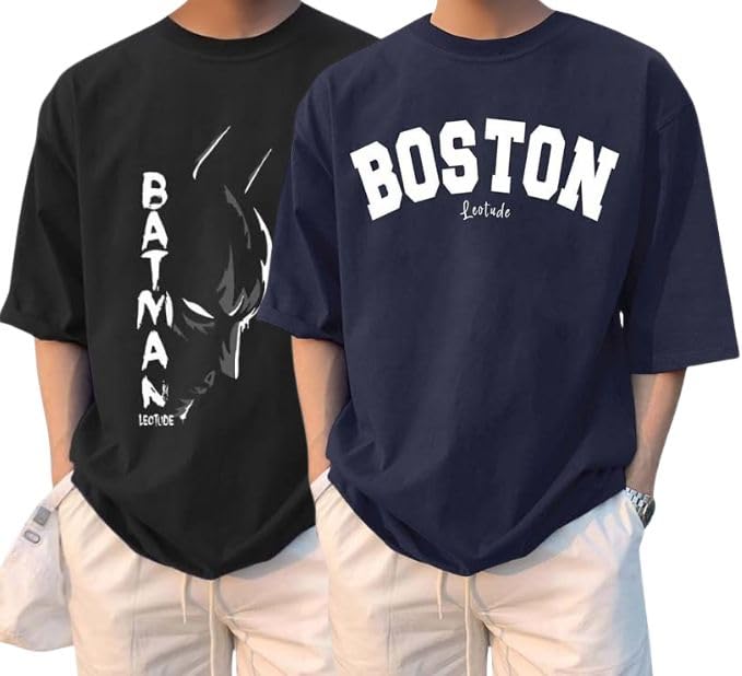 LEOTUDE Man Cotton Blend Graphic Print Round Neck Half Sleeve Drop Shoulder Oversized T Shirt (Color Navy Blue)