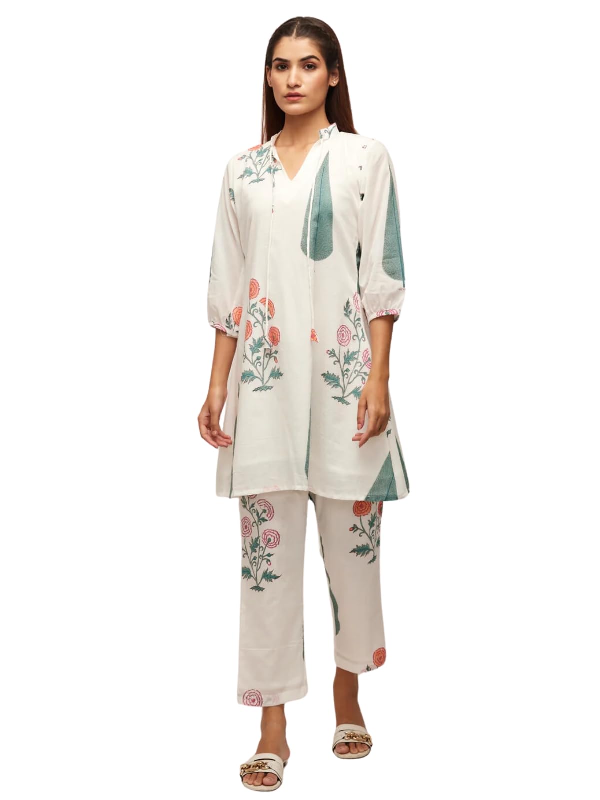 Leriya Fashion Women's Anarkali Floral Printed Rayon Kurta Pant Set | V-Neck Straight Kurti with 3/4 Sleeves | Co ord Set For Women Stylish | Kurtis