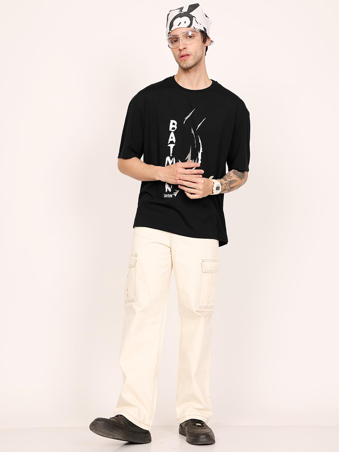 LEOTUDE Man Cotton Blend Graphic Print Round Neck Half Sleeve Drop Shoulder Oversized T Shirt (Color Navy Blue)