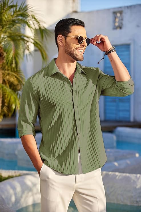 CB-COLEBROOK Men's Casual Button Down Shirts Long Sleeve Linen Shirt Fashion Textured Beach Summer Shirts |