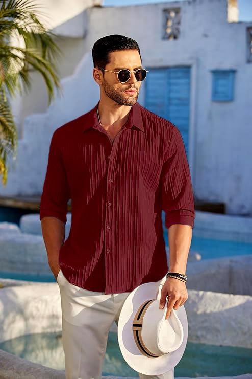 CB-COLEBROOK Men's Casual Button Down Shirts Long Sleeve Linen Shirt Fashion Textured Beach Summer Shirts |
