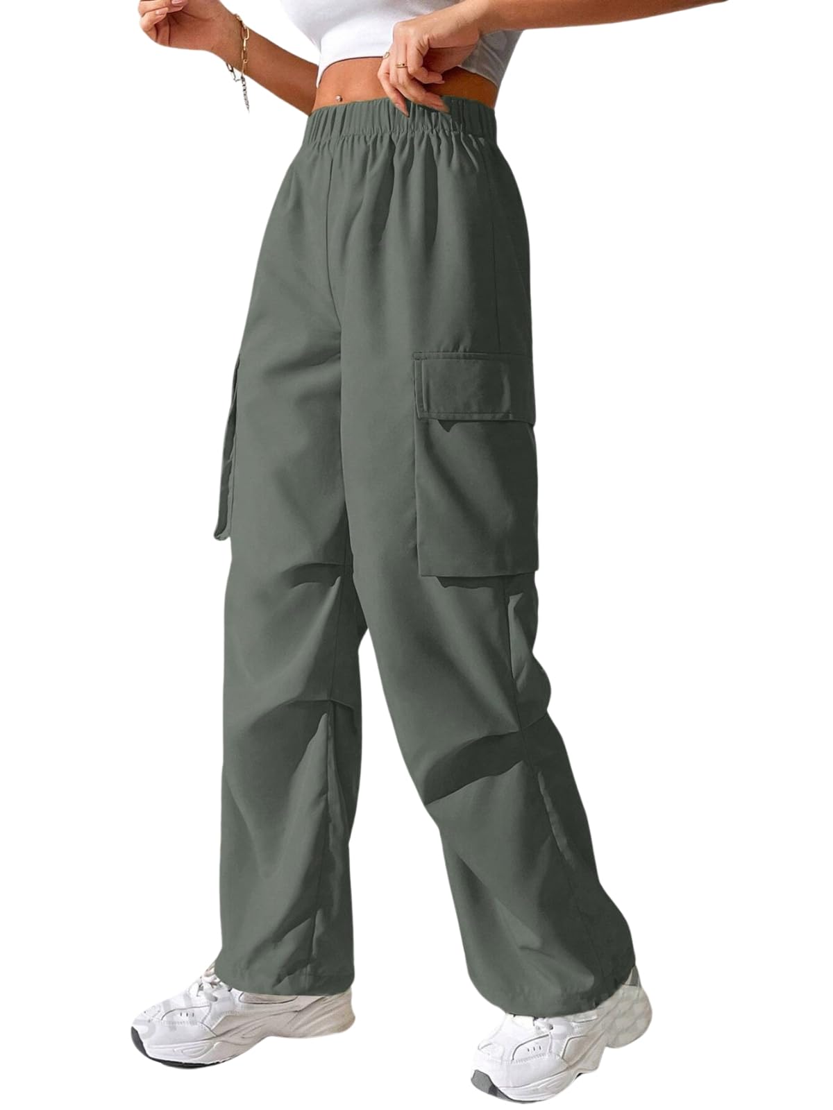 GRECIILOOKS High Waist Cotton Trousers for Women – Flared Parachute Pants with Side Pockets | Casual Travel Cargo Pants