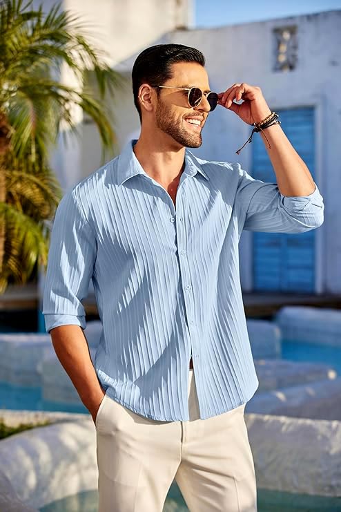 CB-COLEBROOK Men's Casual Button Down Shirts Long Sleeve Linen Shirt Fashion Textured Beach Summer Shirts |