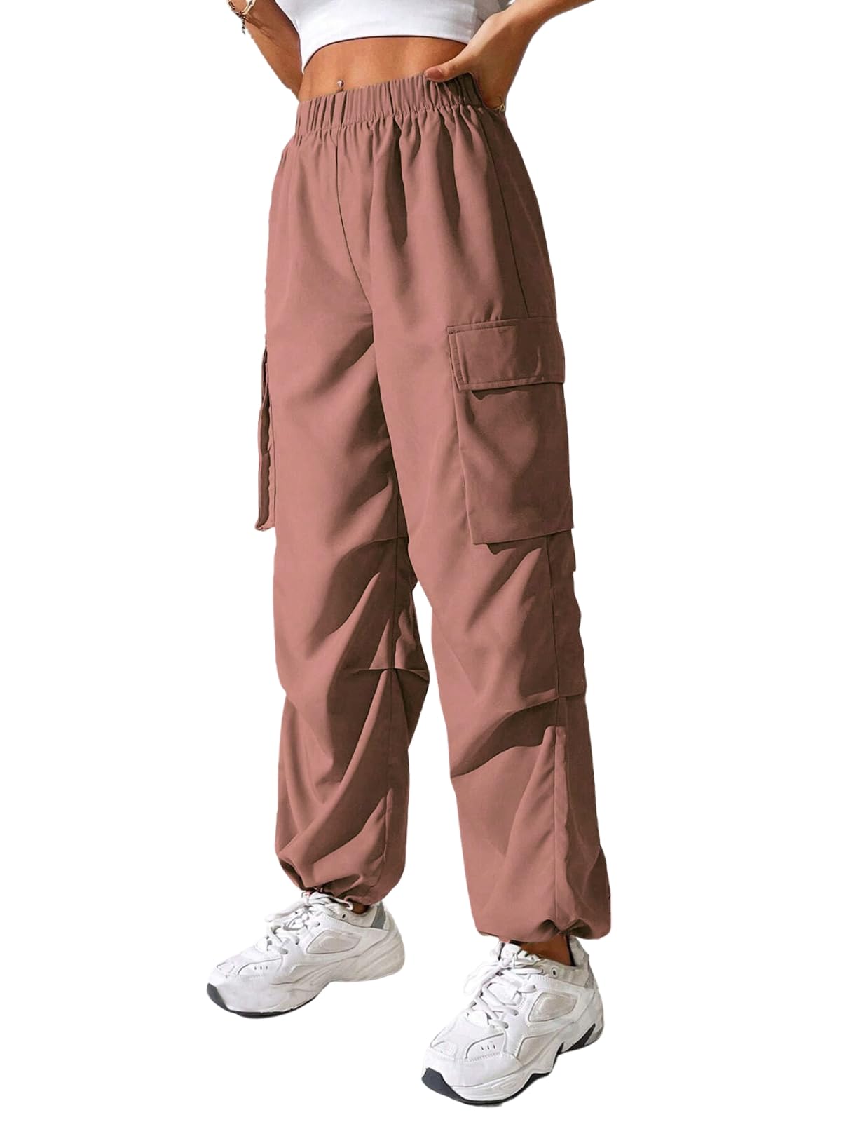 GRECIILOOKS High Waist Cotton Trousers for Women – Flared Parachute Pants with Side Pockets | Casual Travel Cargo Pants