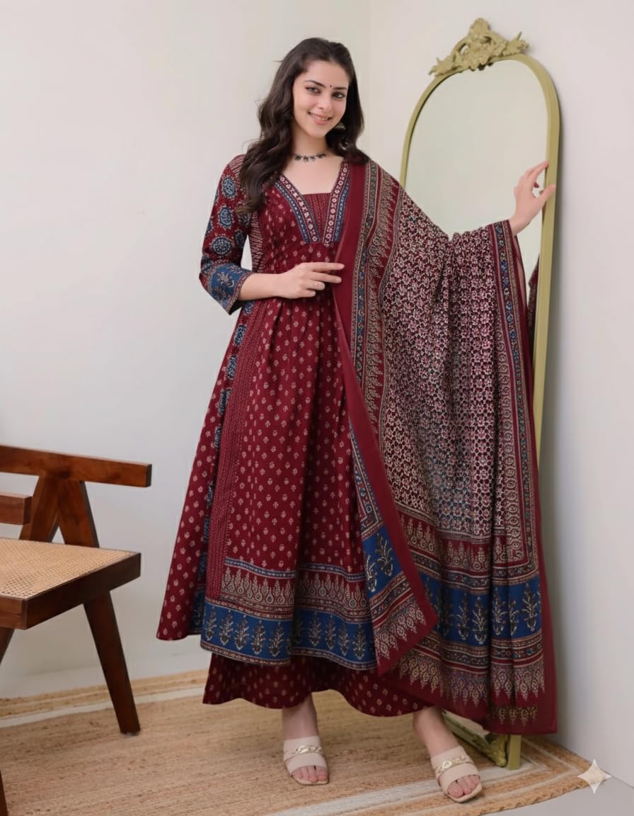 KLOSIA Women's Rayon Printed Anarkali Kurta and Pant with Dupatta full Set