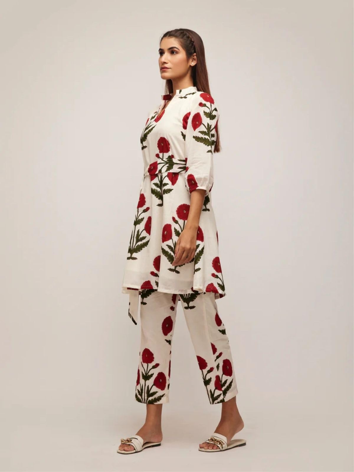 Leriya Fashion Women's Anarkali Floral Printed Rayon Kurta Pant Set | V-Neck Straight Kurti with 3/4 Sleeves | Co ord Set For Women Stylish | Kurtis