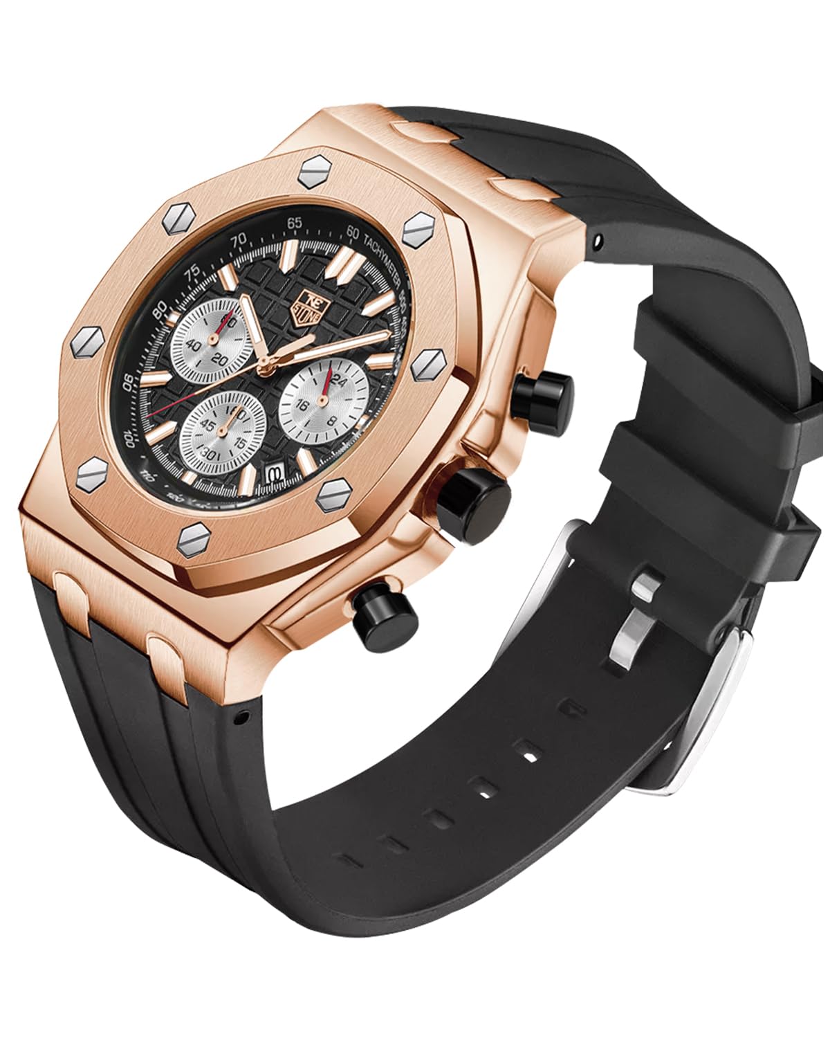 senstone Men's Watch Quartz Analog Multifunction Chronograph Watch for Men with Calendar Black Rubber Strap