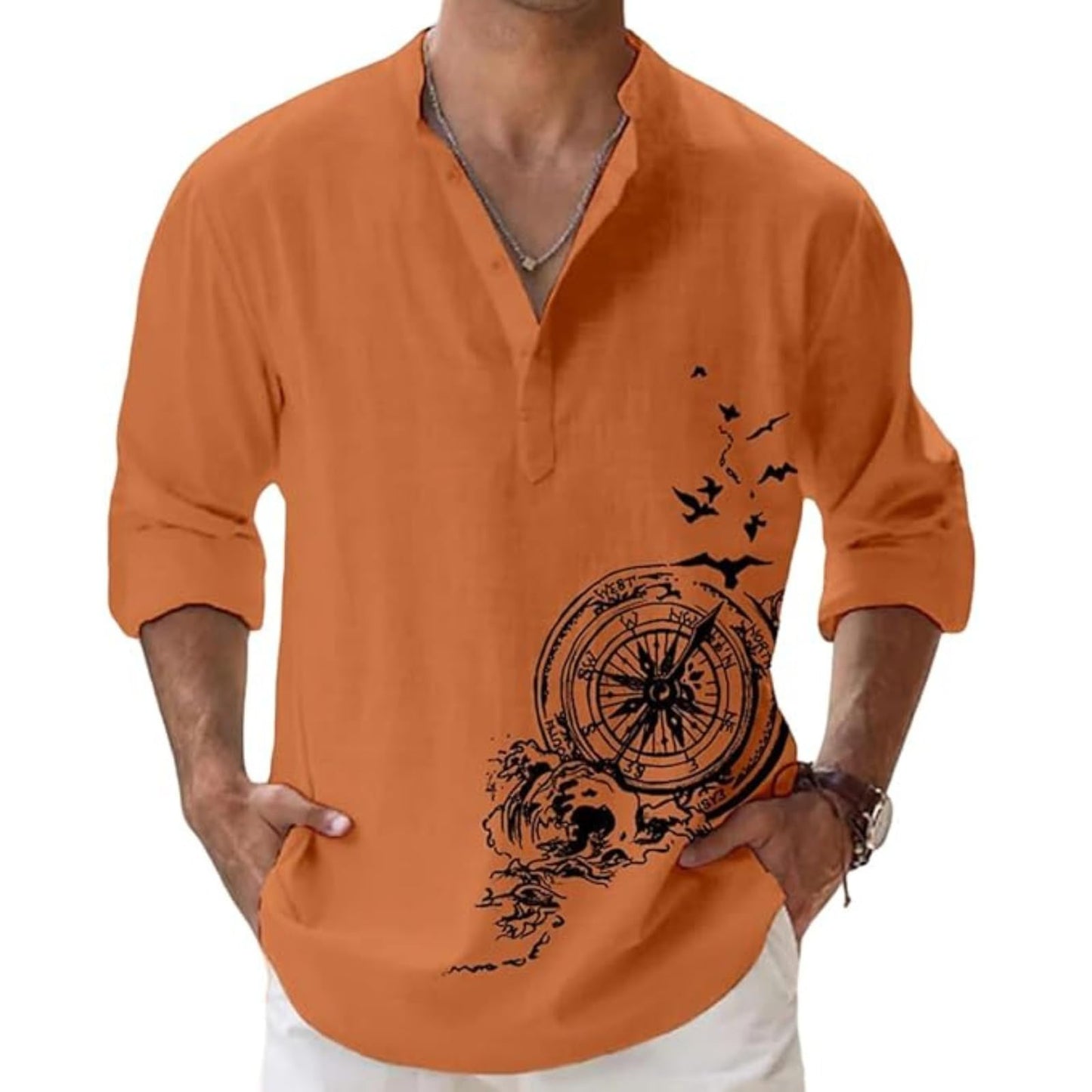 DEELMO Men's Cotton Blend Mandarin Collar Self One Design Full Sleeve Casual Short Kurta