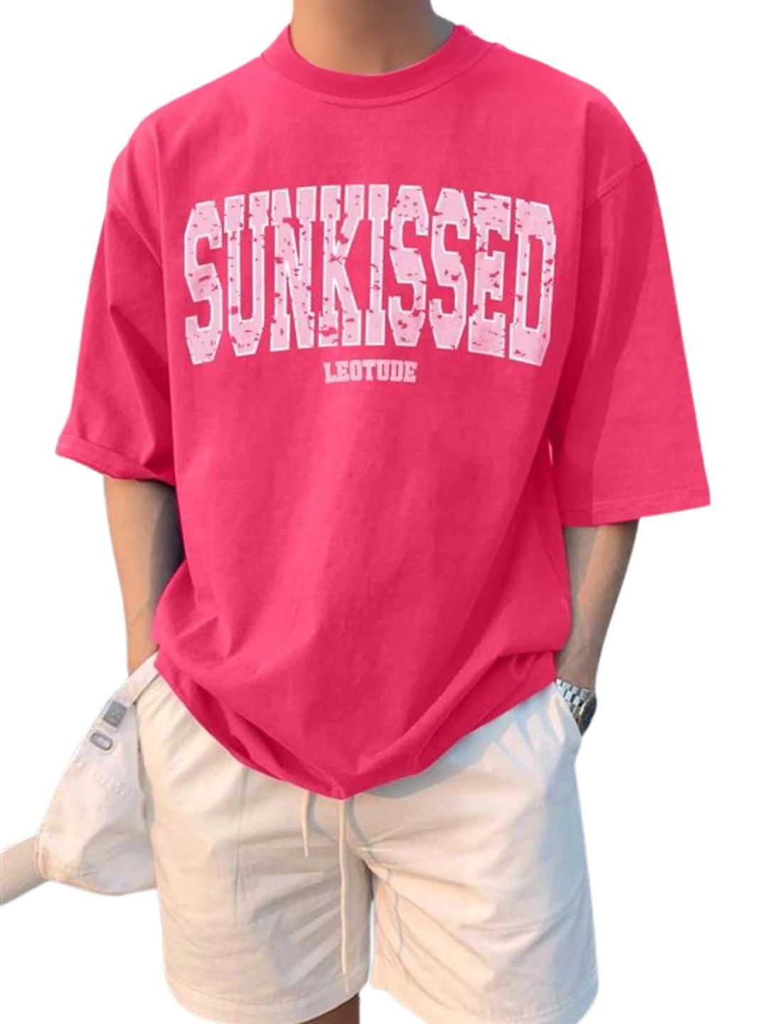 LEOTUDE Man Cotton Blend Graphic Print Round Neck Half Sleeve Drop Shoulder Oversized T Shirt (Color Navy Blue)