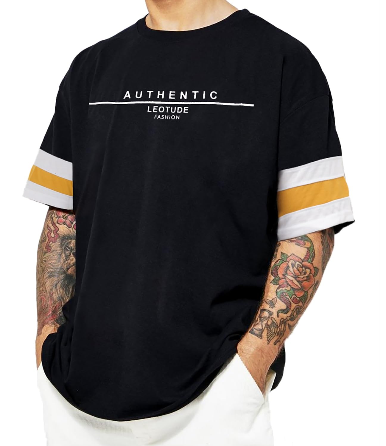 LEOTUDE Men's Cottoblend Half Sleeve Printed Oversized Drop Shoulder T-Shirt (Black Color)