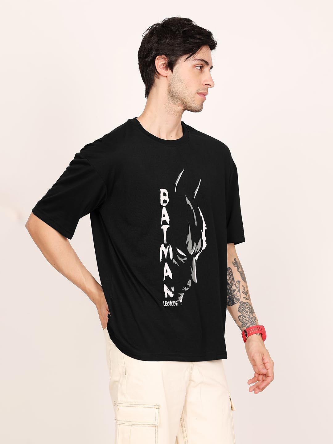 LEOTUDE Man Cotton Blend Graphic Print Round Neck Half Sleeve Drop Shoulder Oversized T Shirt (Color Navy Blue)