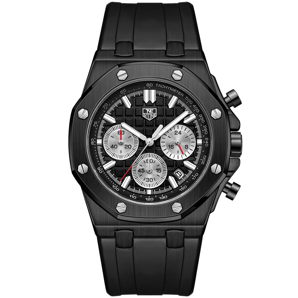 senstone Men's Watch Quartz Analog Multifunction Chronograph Watch for Men with Calendar Black Rubber Strap