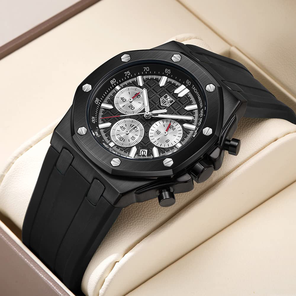 senstone Men's Watch Quartz Analog Multifunction Chronograph Watch for Men with Calendar Black Rubber Strap