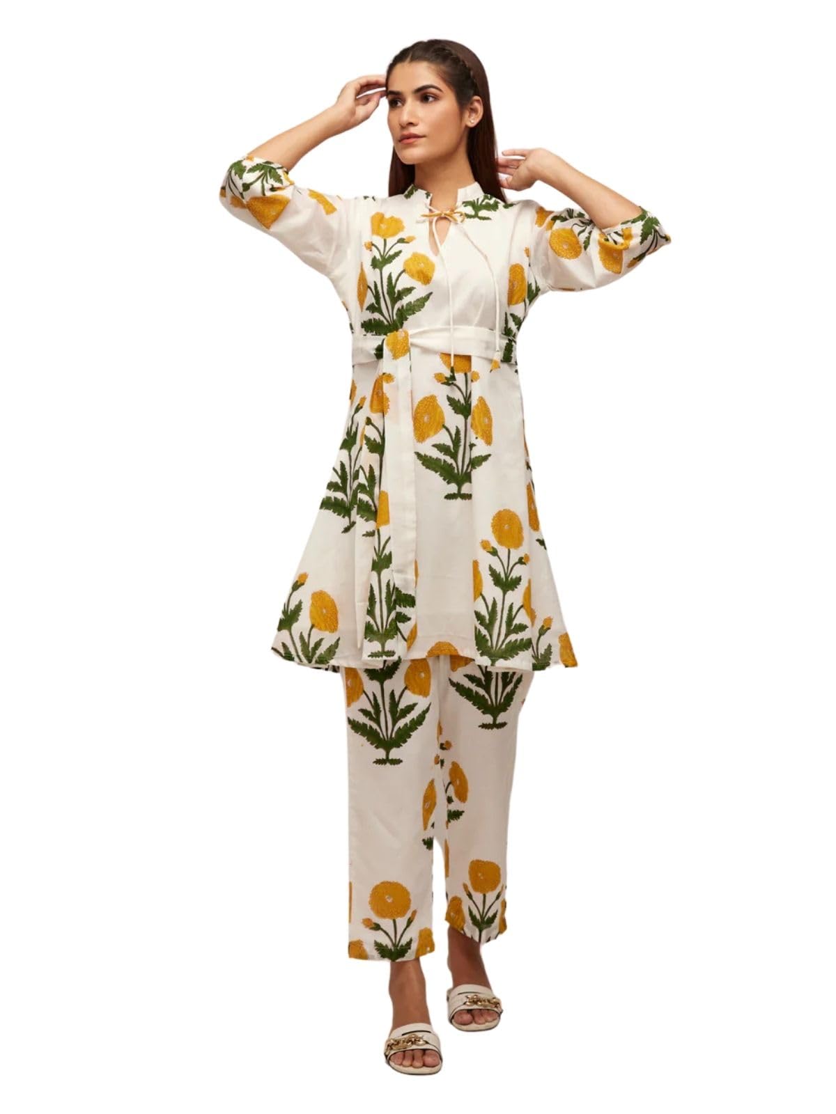 Leriya Fashion Women's Anarkali Floral Printed Rayon Kurta Pant Set | V-Neck Straight Kurti with 3/4 Sleeves | Co ord Set For Women Stylish | Kurtis