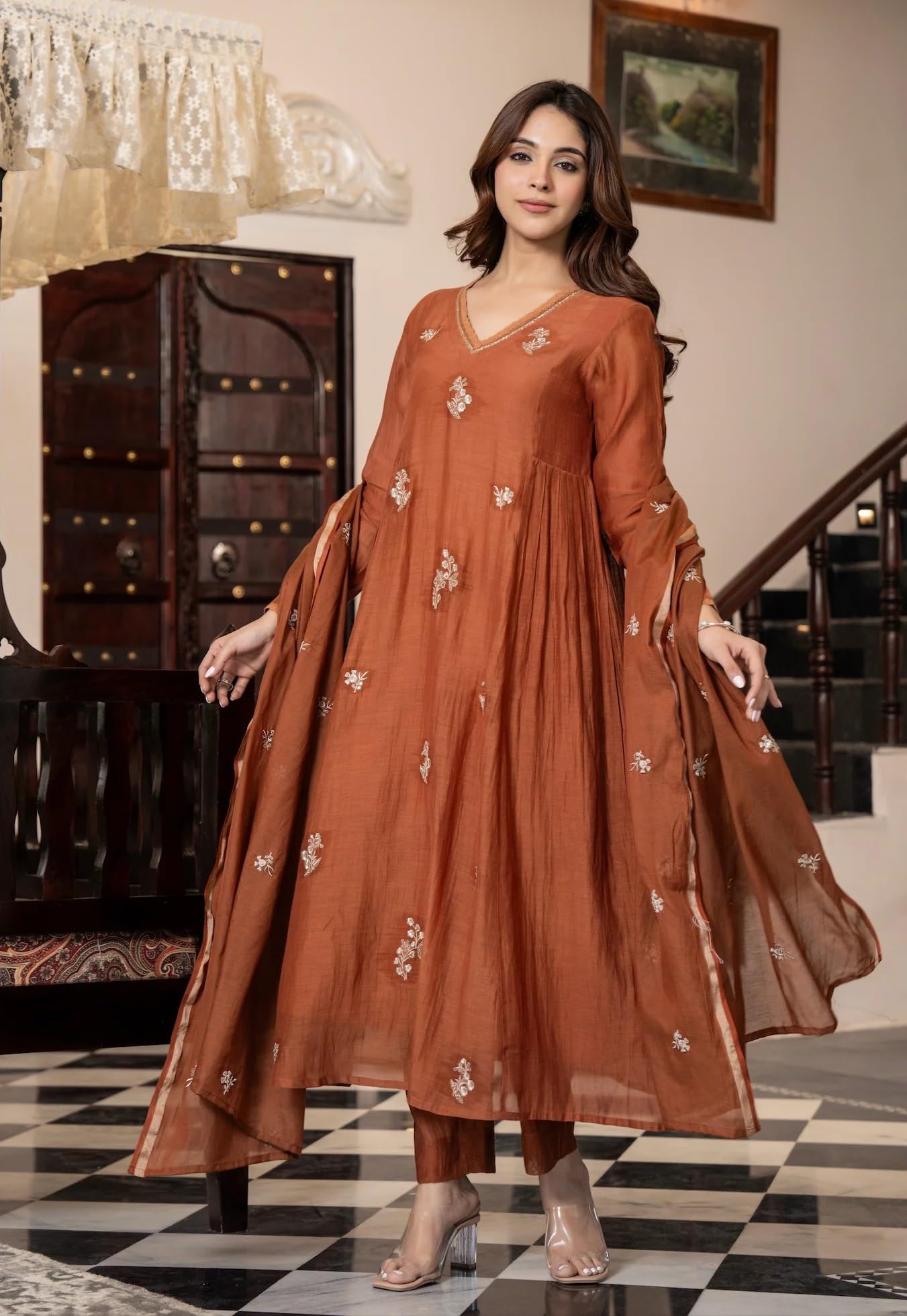 KLOSIA Women Embroidery Solid Anarkali Kurta and Pant Set with Dupatta