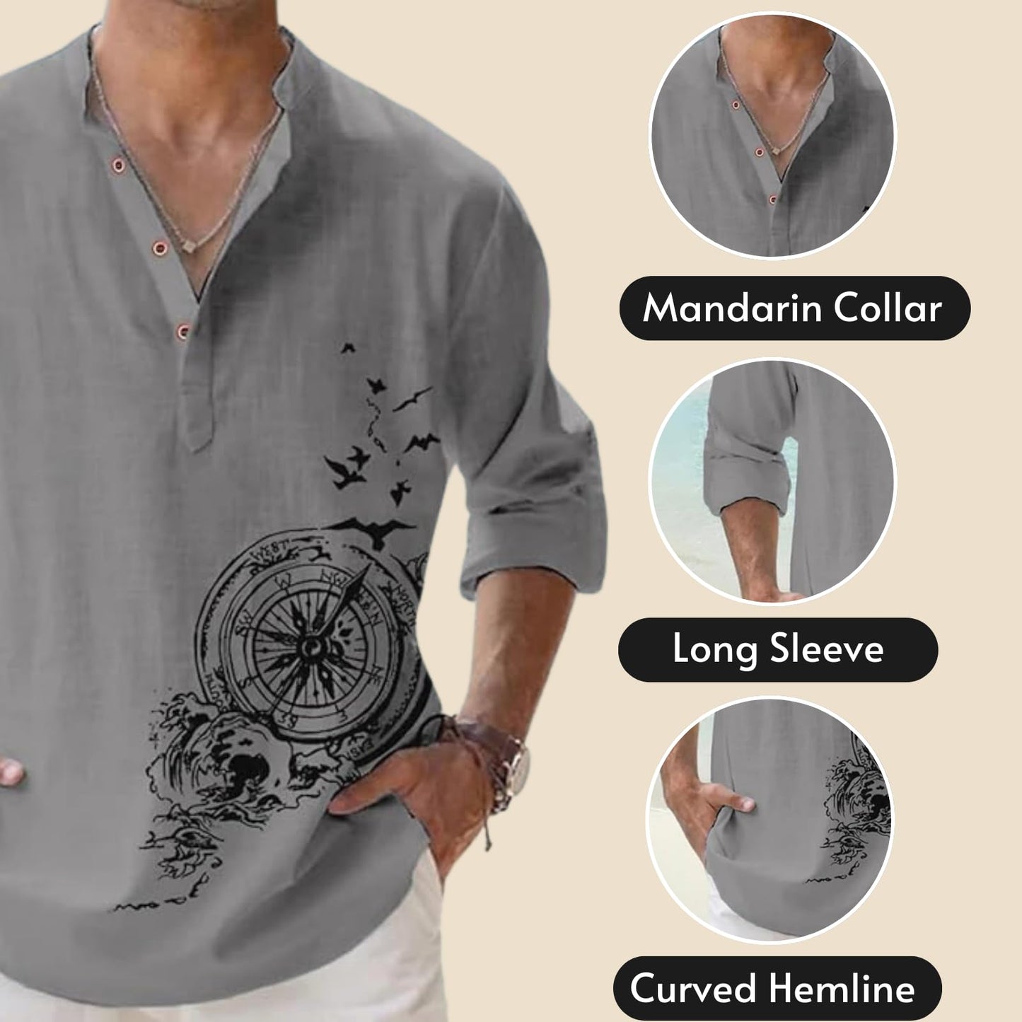 DEELMO Men's Cotton Blend Mandarin Collar Self One Design Full Sleeve Casual Short Kurta