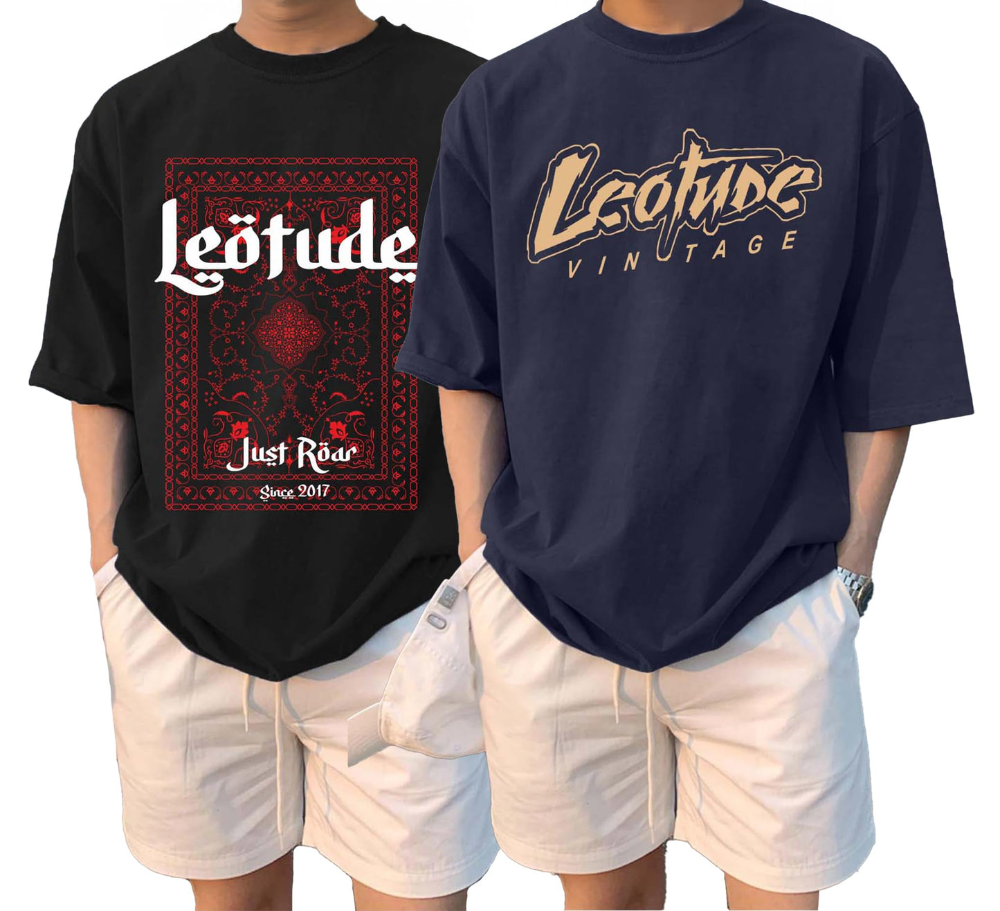 LEOTUDE Classy Half Sleeve Cottonblend Printed Round Neck Drop Shoulder Oversized Tshirt for Man