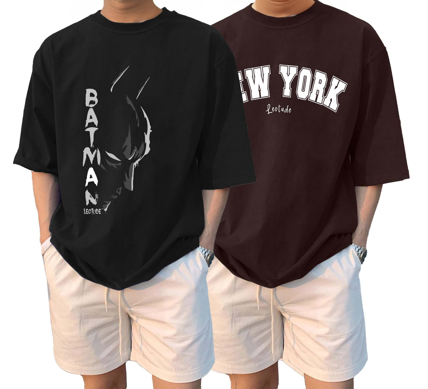 LEOTUDE Man Cotton Blend Graphic Print Round Neck Half Sleeve Drop Shoulder Oversized T Shirt (Color Navy Blue)