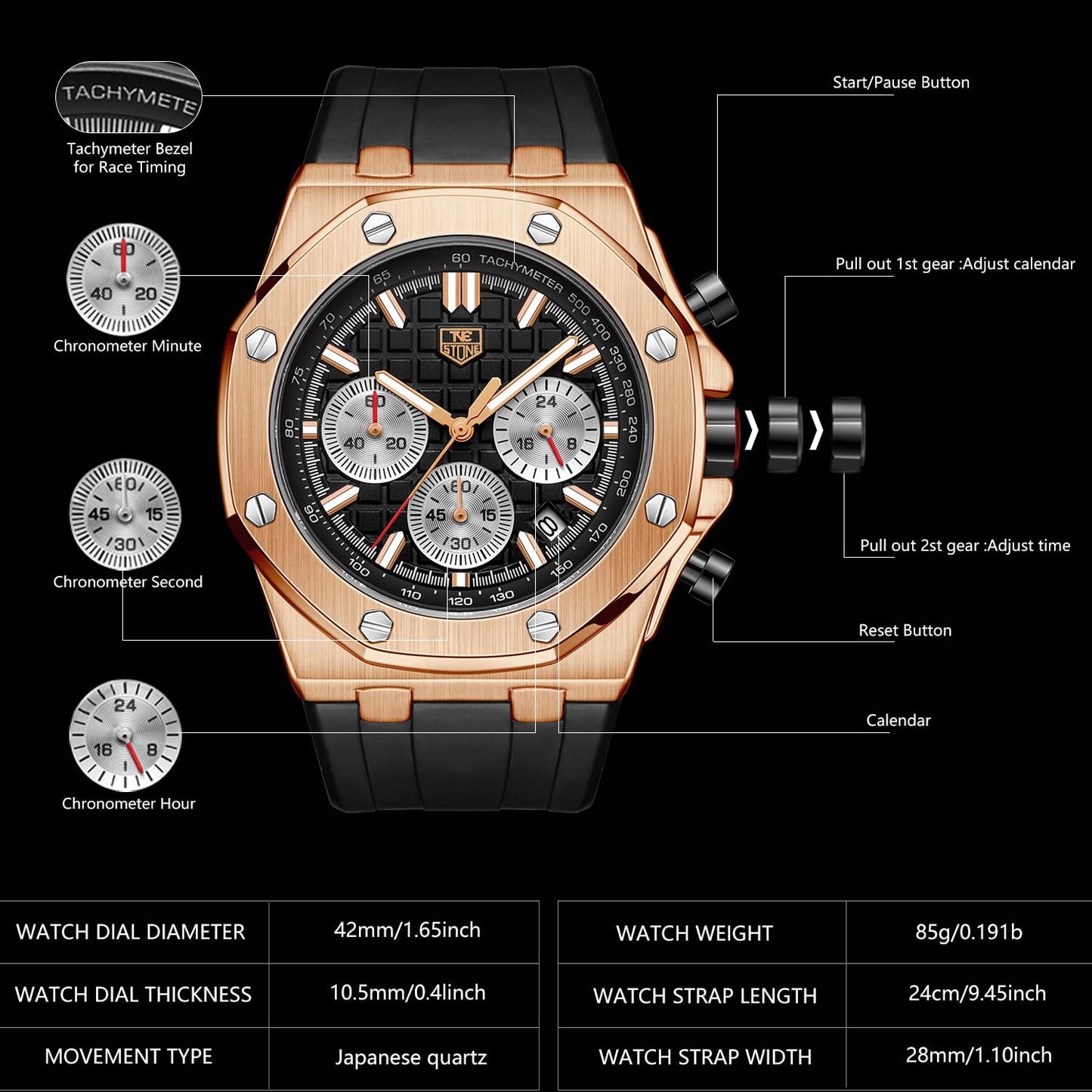 senstone Men's Watch Quartz Analog Multifunction Chronograph Watch for Men with Calendar Black Rubber Strap