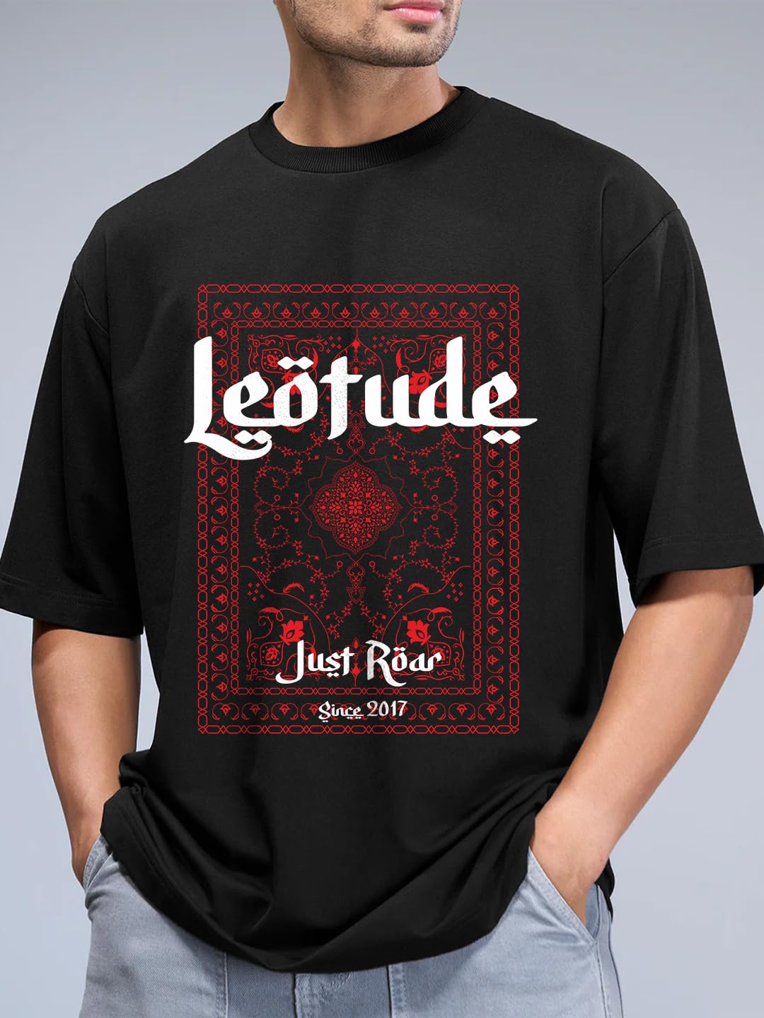 LEOTUDE Classy Half Sleeve Cottonblend Printed Round Neck Drop Shoulder Oversized Tshirt for Man