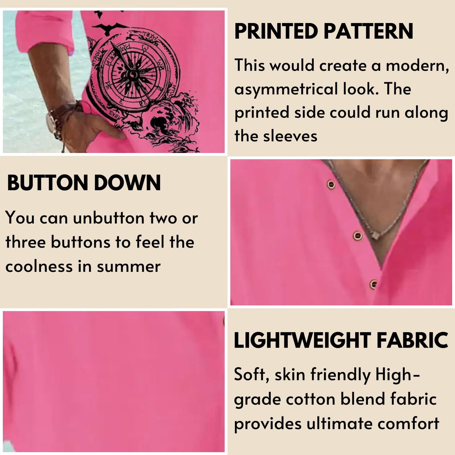 DEELMO Men's Cotton Blend Mandarin Collar Self One Design Full Sleeve Casual Short Kurta