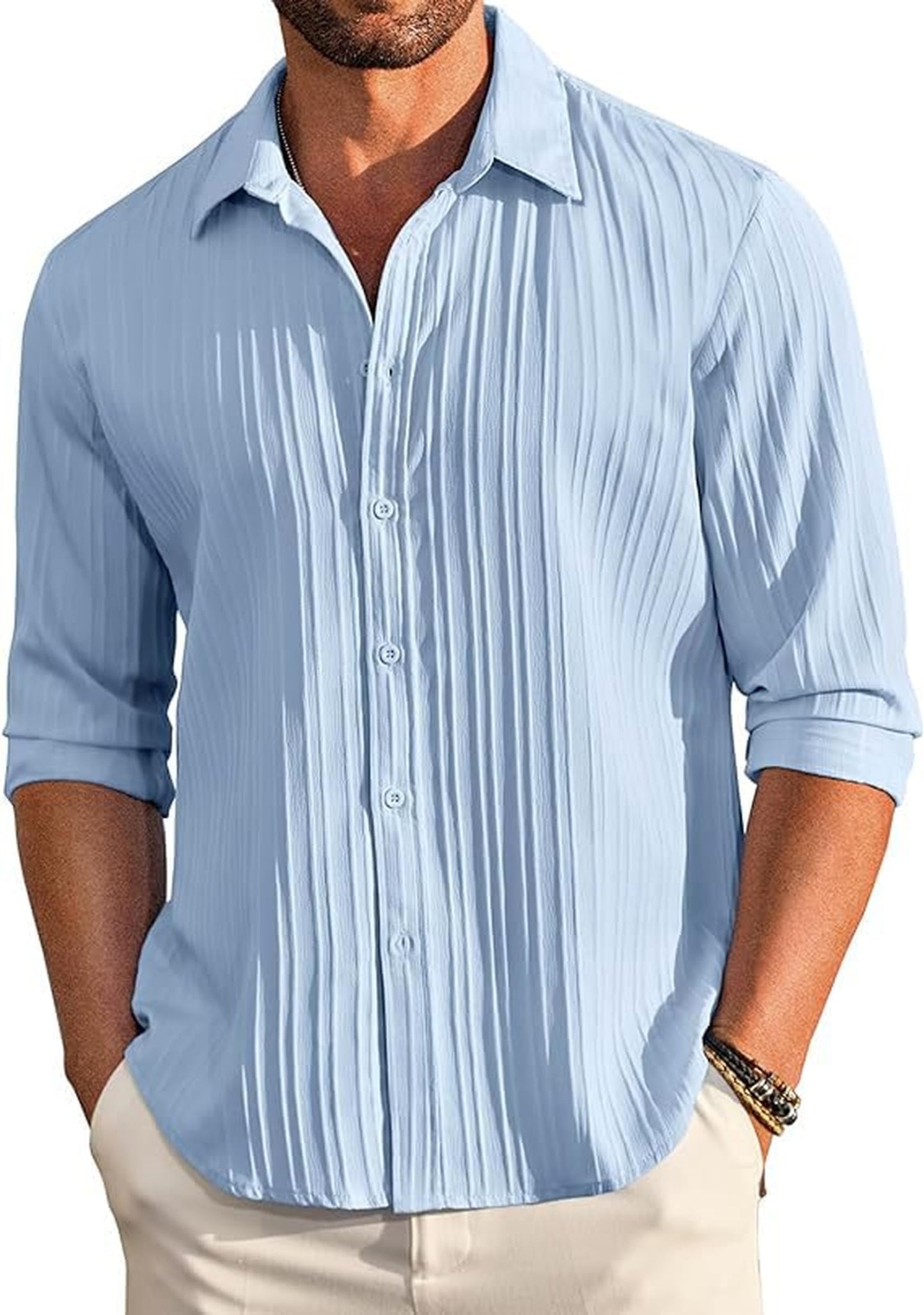 CB-COLEBROOK Men's Casual Button Down Shirts Long Sleeve Linen Shirt Fashion Textured Beach Summer Shirts |