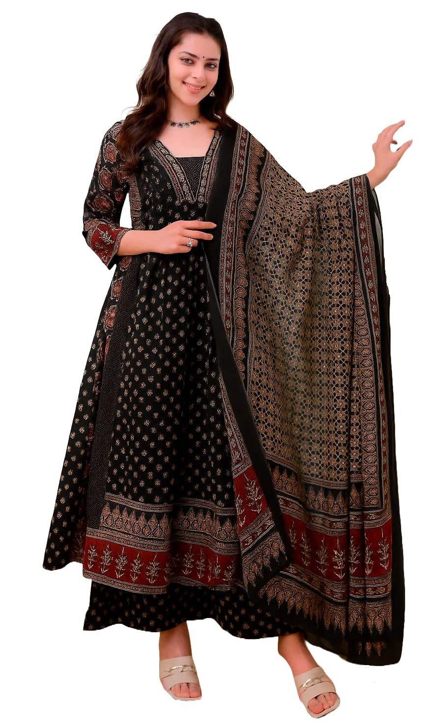 KLOSIA Women's Rayon Printed Anarkali Kurta and Pant with Dupatta full Set