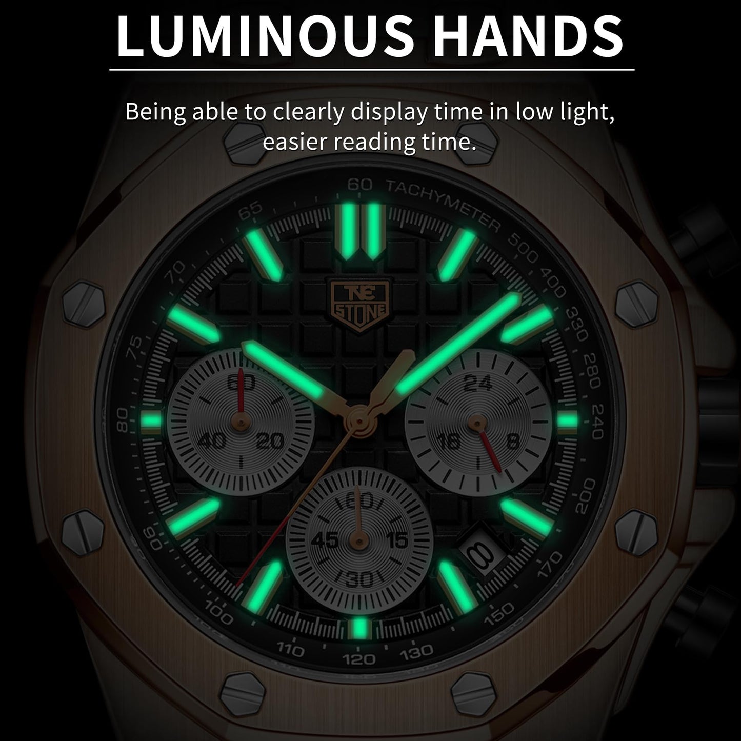 senstone Men's Watch Quartz Analog Multifunction Chronograph Watch for Men with Calendar Black Rubber Strap