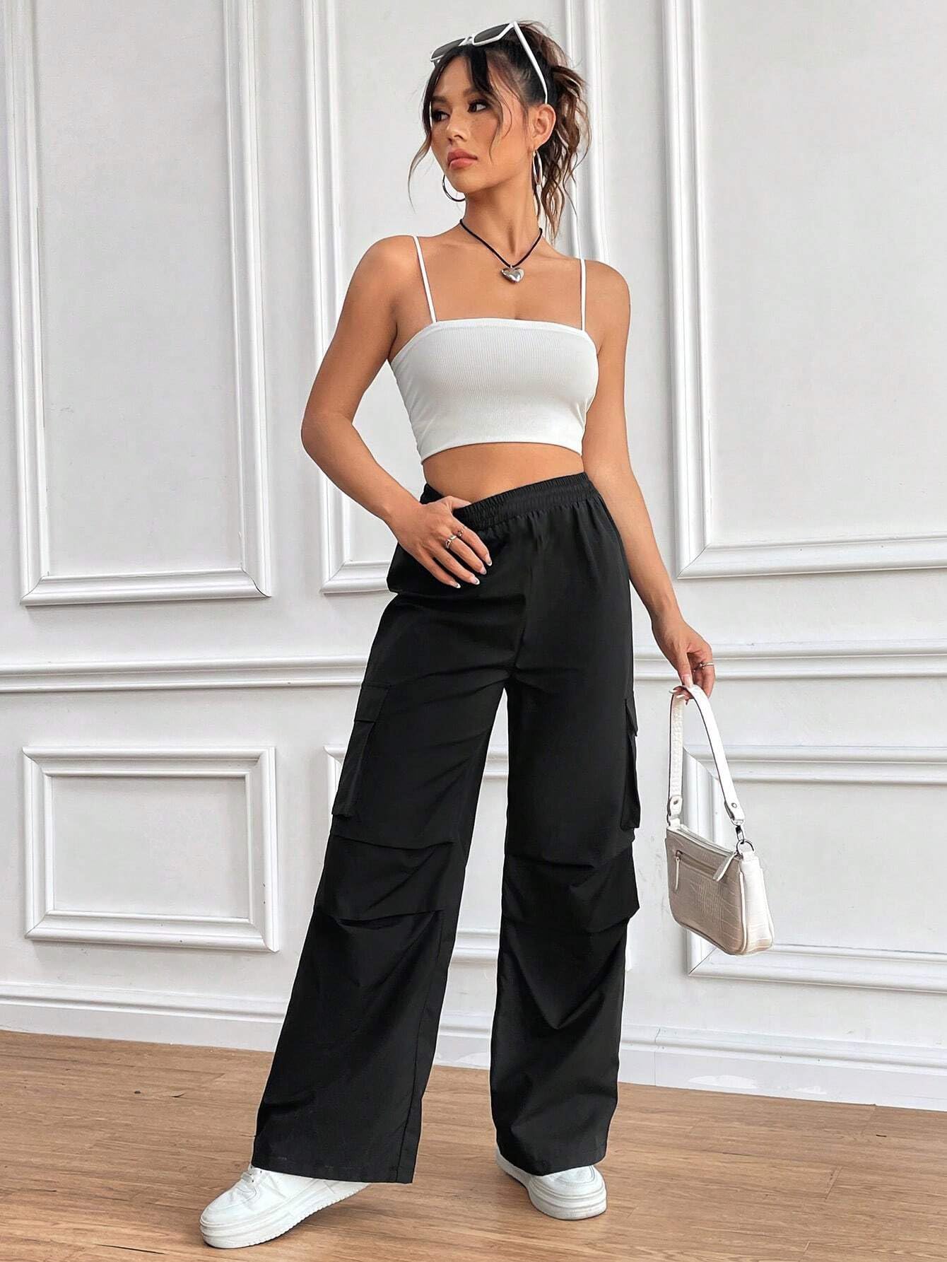 GRECIILOOKS High Waist Cotton Trousers for Women – Flared Parachute Pants with Side Pockets | Casual Travel Cargo Pants
