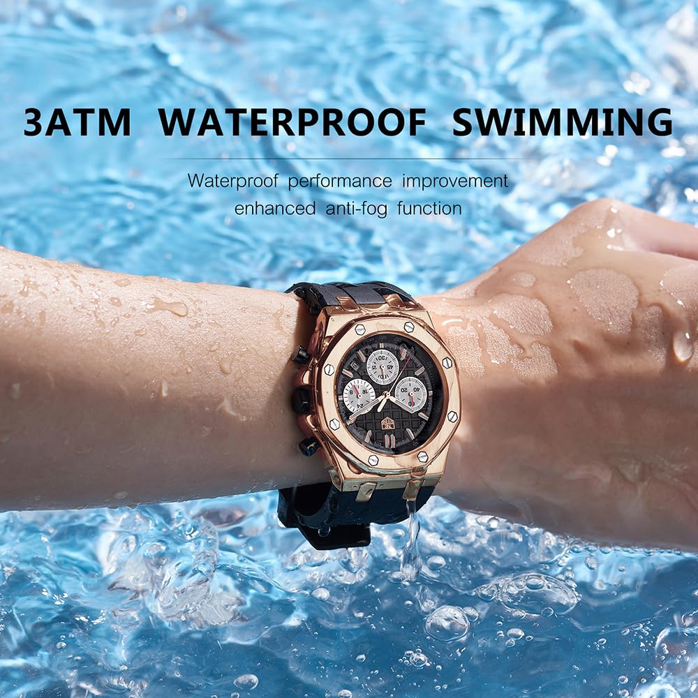 senstone Men's Watch Quartz Analog Multifunction Chronograph Watch for Men with Calendar Black Rubber Strap