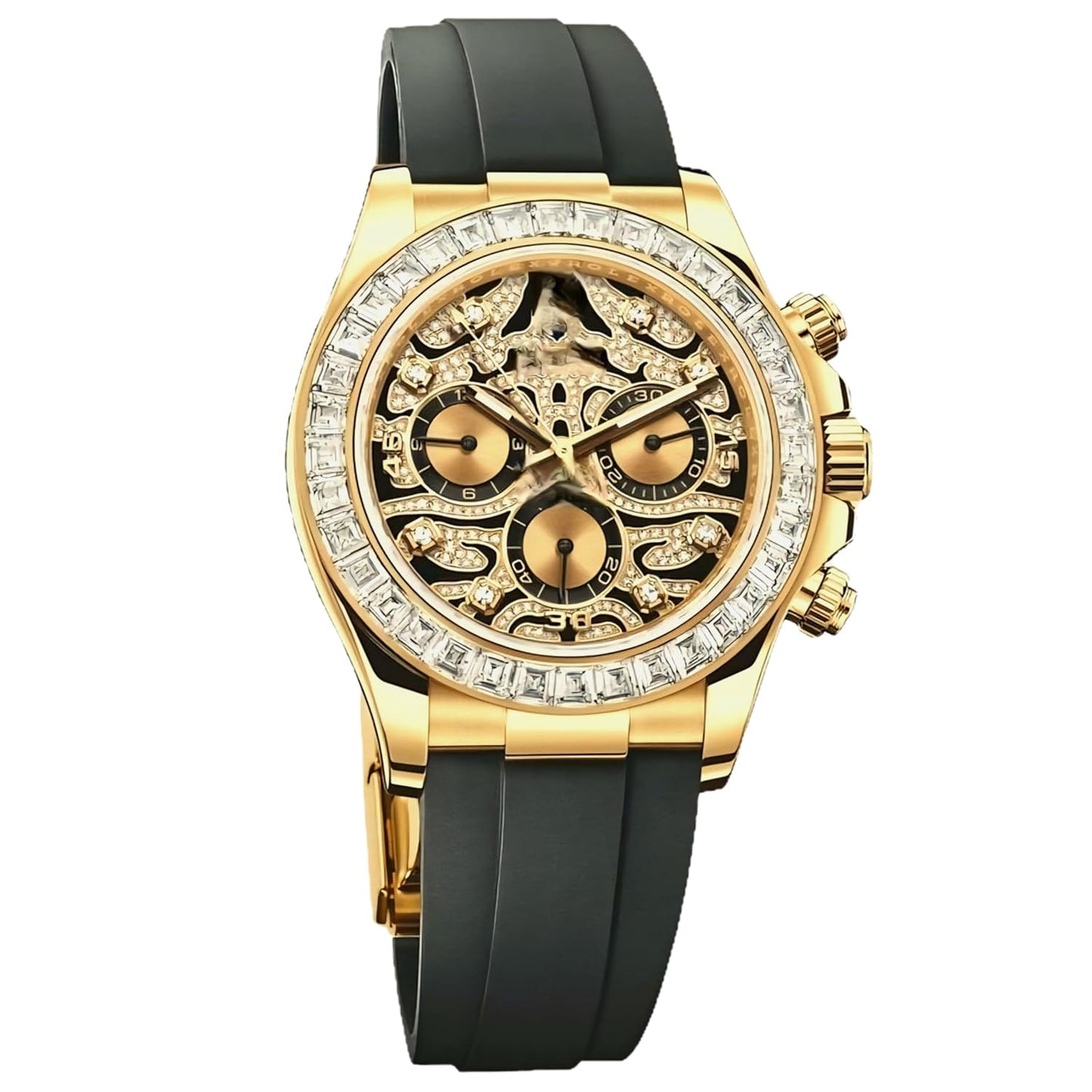 Luxury Men's Chronograph Watch, Gold Case with Diamond Bezel, Skeleton Tiger Colour Dial, Black Silicone Strap For men’s luxury watch