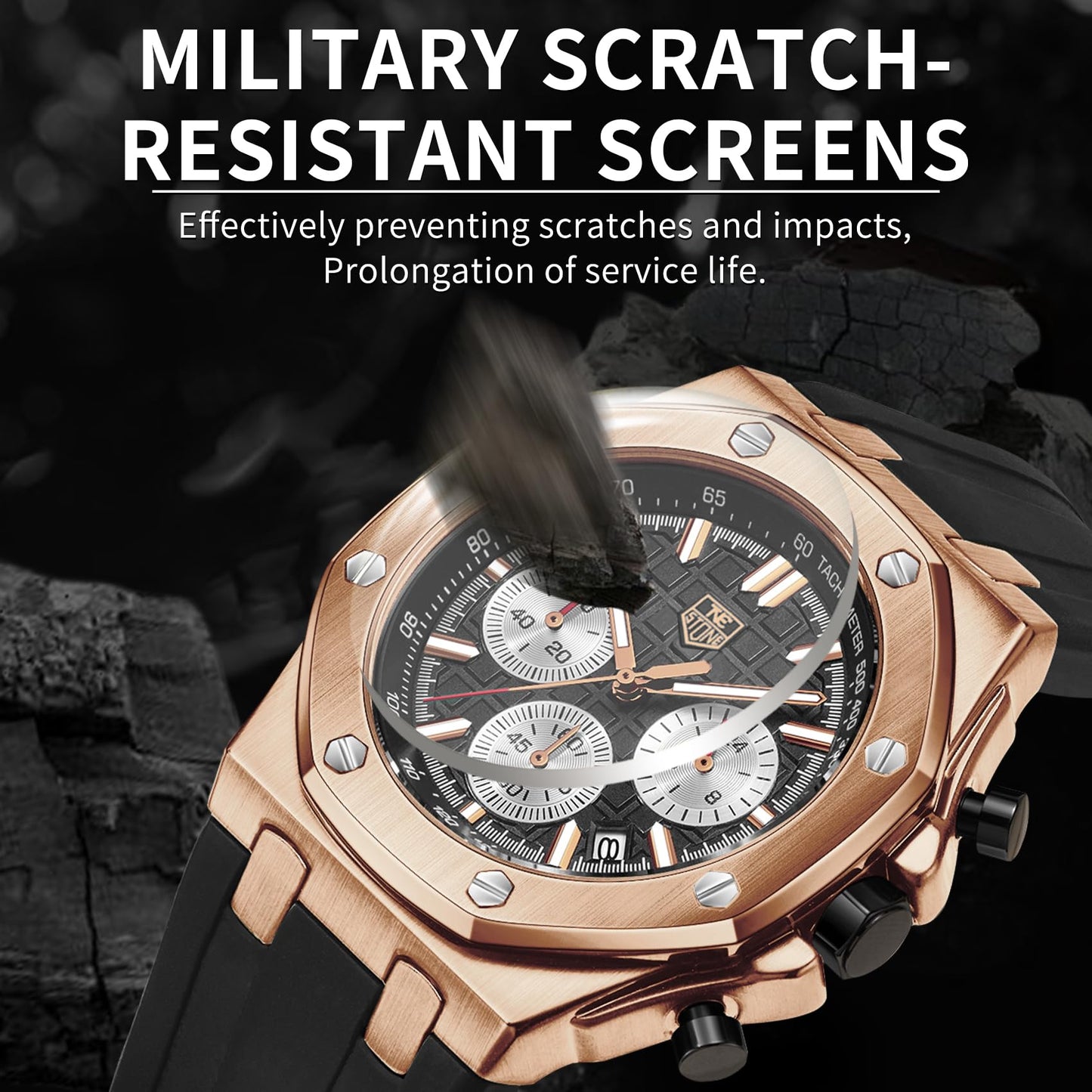 senstone Men's Watch Quartz Analog Multifunction Chronograph Watch for Men with Calendar Black Rubber Strap