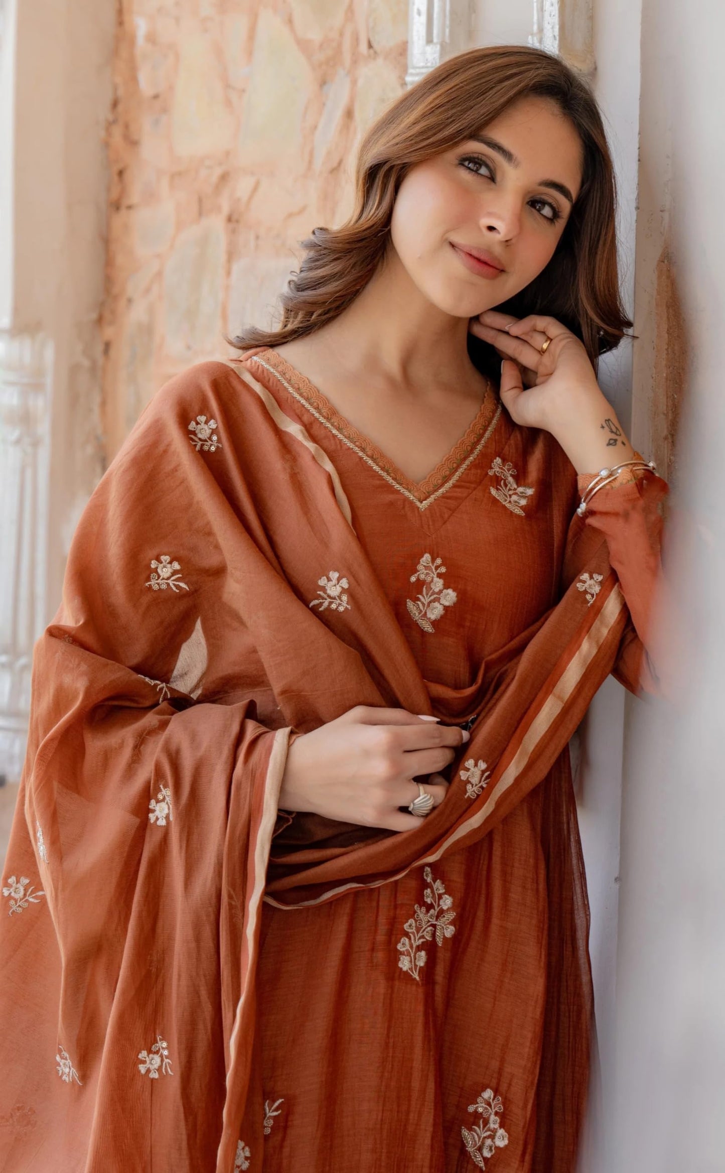 KLOSIA Women Embroidery Solid Anarkali Kurta and Pant Set with Dupatta