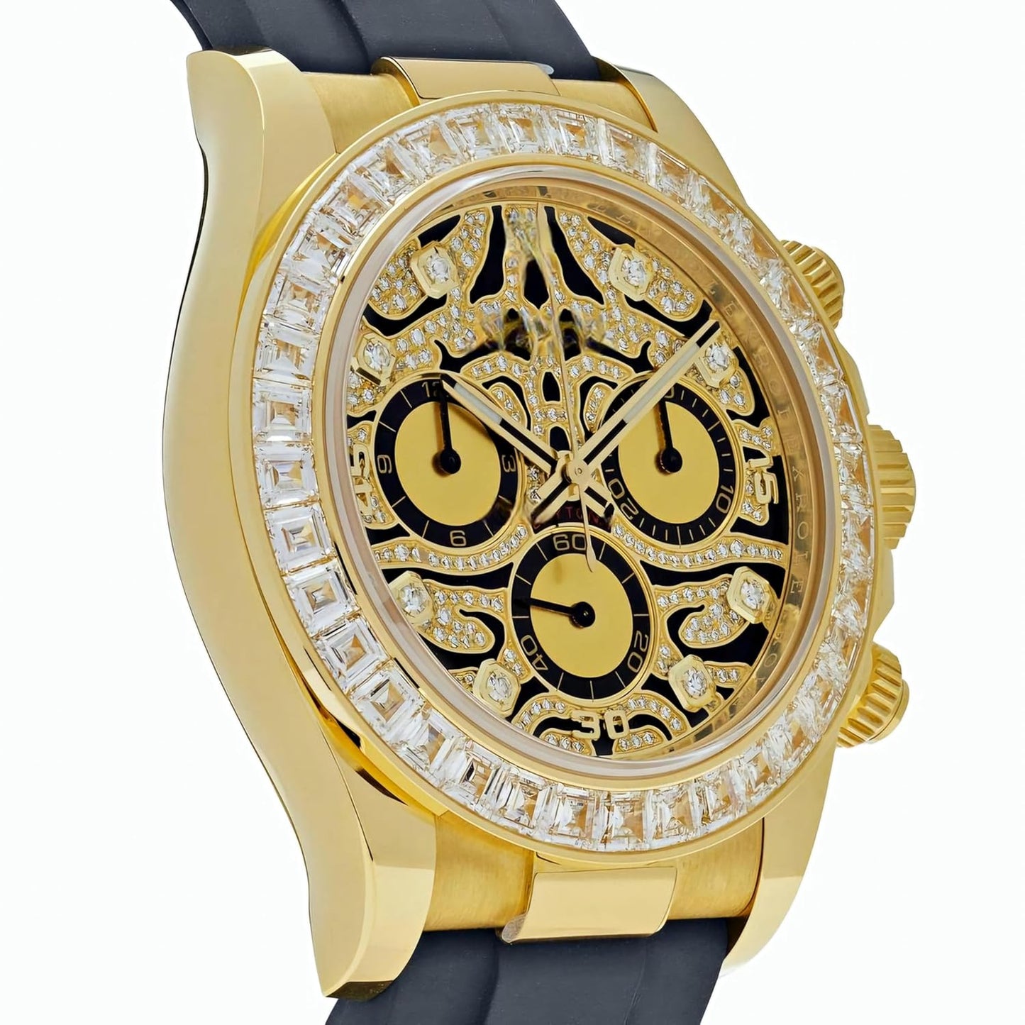 Luxury Men's Chronograph Watch, Gold Case with Diamond Bezel, Skeleton Tiger Colour Dial, Black Silicone Strap For men’s luxury watch