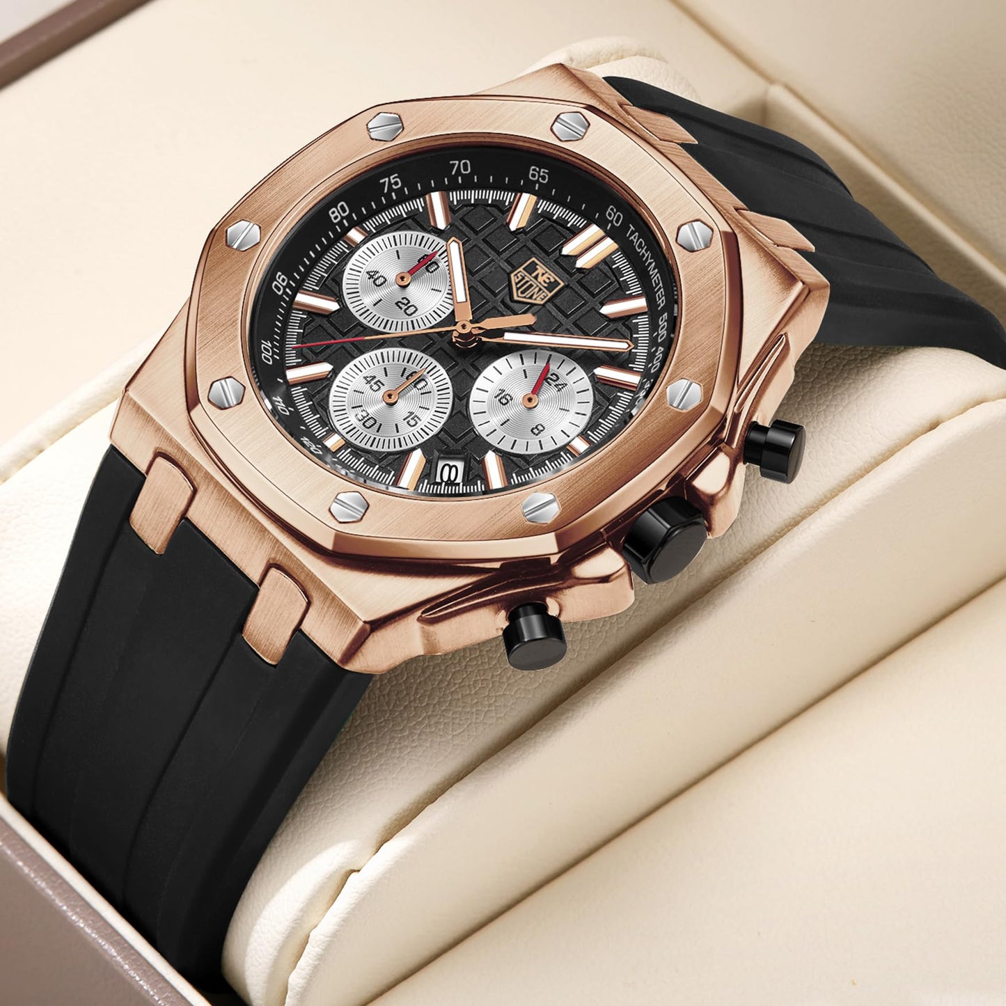 senstone Men's Watch Quartz Analog Multifunction Chronograph Watch for Men with Calendar Black Rubber Strap