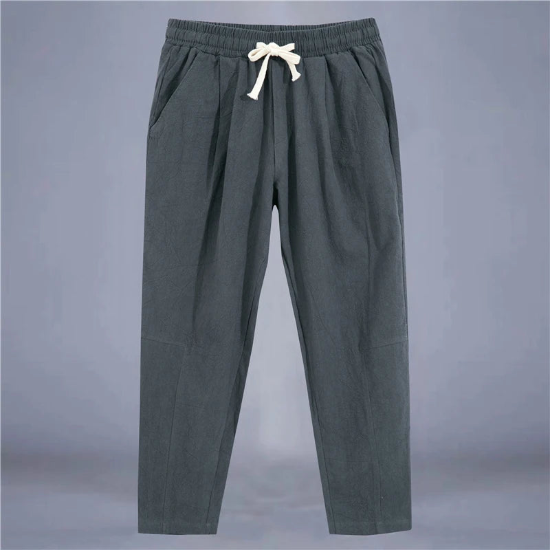 Men'S Trousers Cotton Linen Fashion Casual Pants Solid Color Breathable Loose Shorts Straight Drawstring Pants Streetwear Men