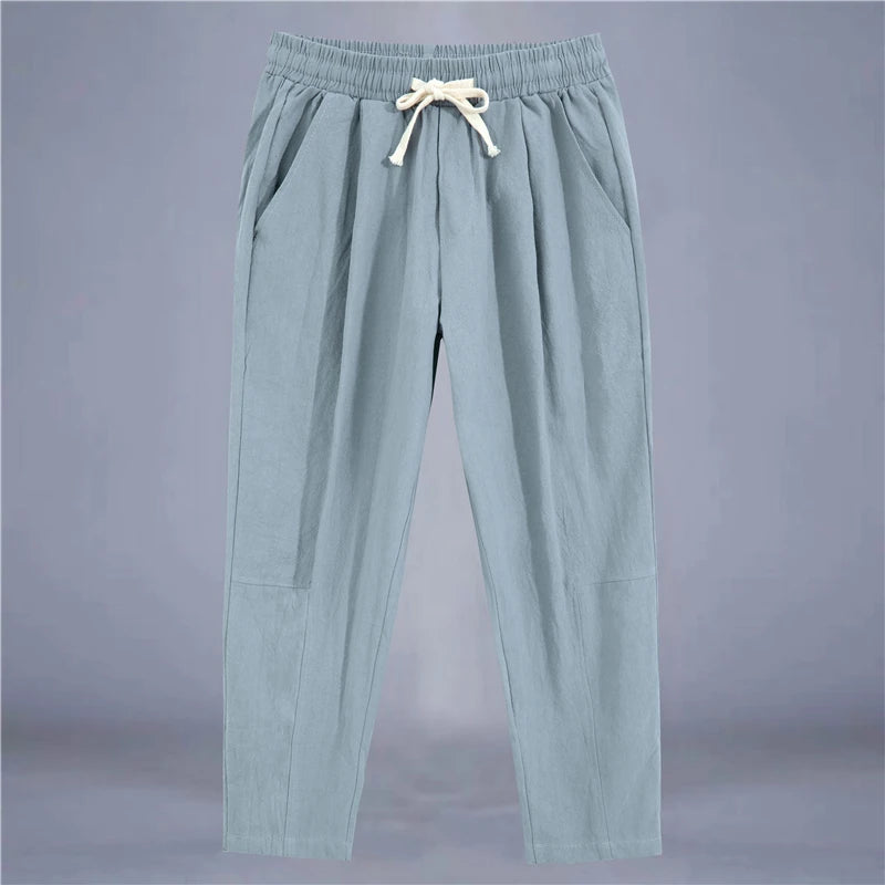 Men'S Trousers Cotton Linen Fashion Casual Pants Solid Color Breathable Loose Shorts Straight Drawstring Pants Streetwear Men