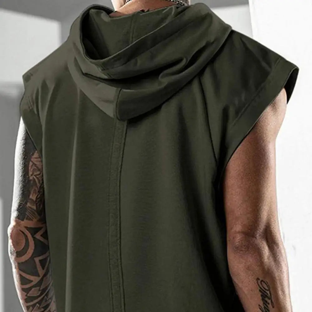Plus Size Men Tanks Top Hooded Solid Color Summer Male Sleeveless Sports Top Loose Sleeveless Fitness Vest Party Sweatshirt