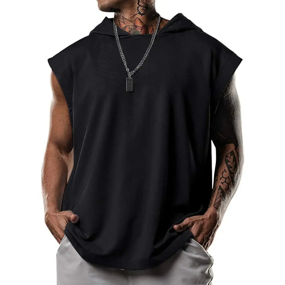 Plus Size Men Tanks Top Hooded Solid Color Summer Male Sleeveless Sports Top Loose Sleeveless Fitness Vest Party Sweatshirt